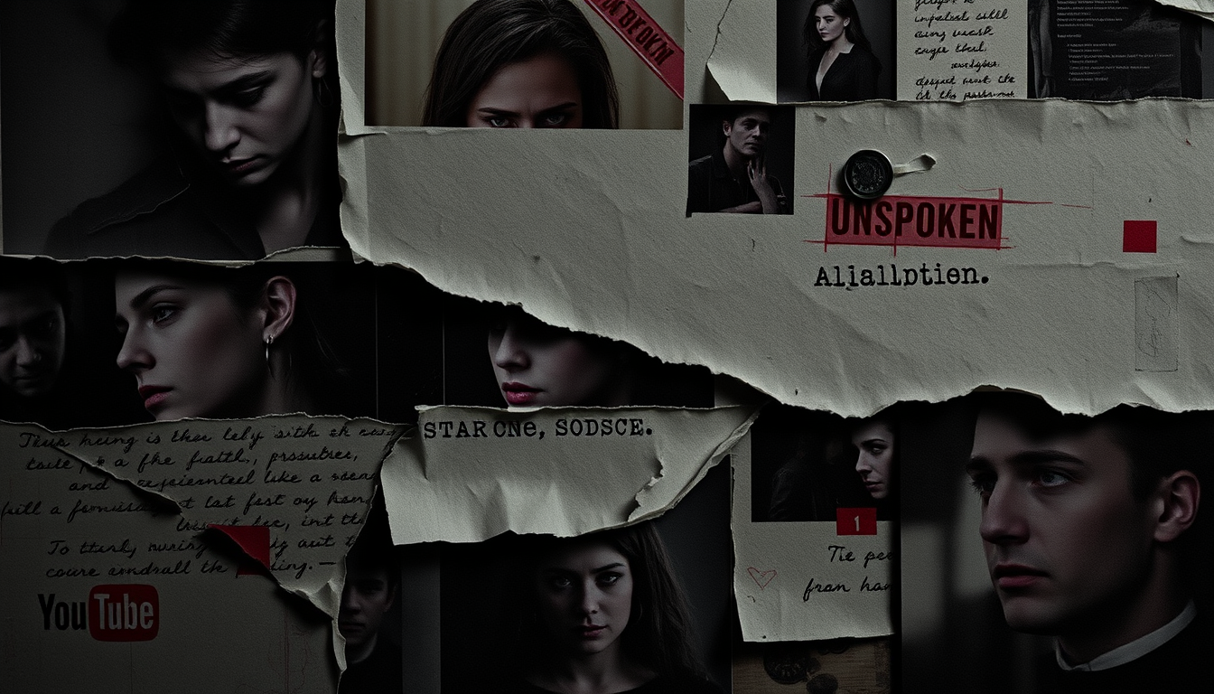 AI Art prompt example created from the prompt: Premium cinematic YouTube banner for “Unspoken”, dark editorial aesthetic, layered photographs and torn paper fragments, cryptic handwritten