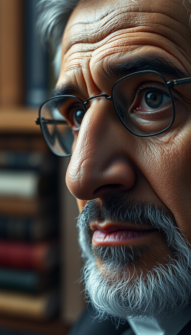 Main art studio: برومبت 2 – بورتريه فلسفي Close-up portrait of Mahmoud Darwish, deep reflective eyes, elegant expression, soft cinematic lighting, blurred background f