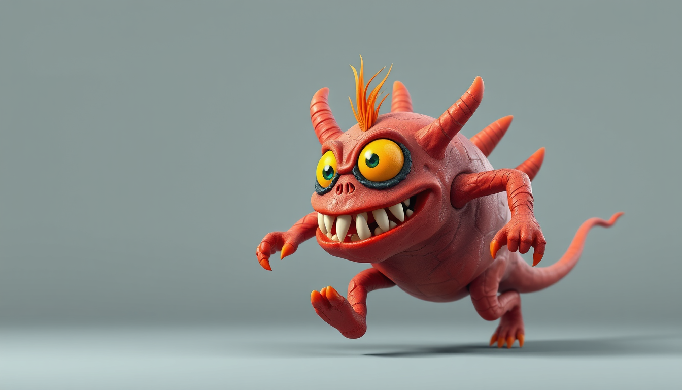 Main art studio: Grugulino Bambalux: um pequeno monstro redondo de pedra marrom, com olhos gigantes, boca grande com dentes tortos, língua roxa, cabelo espetado colori