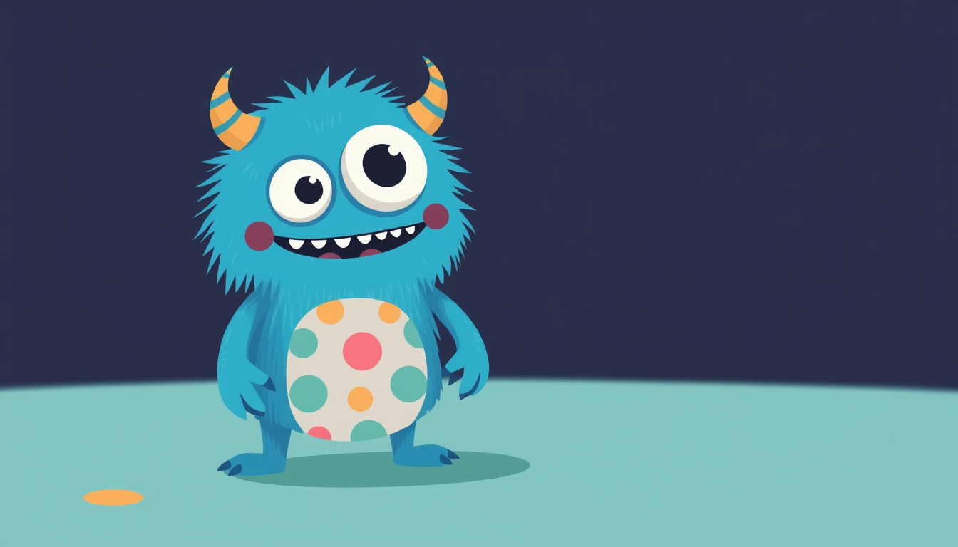 Characters idea: an original character defined by silhouette, role, outfit, palette, and expression, deliberate composition, I want a blue monster that is cute with st