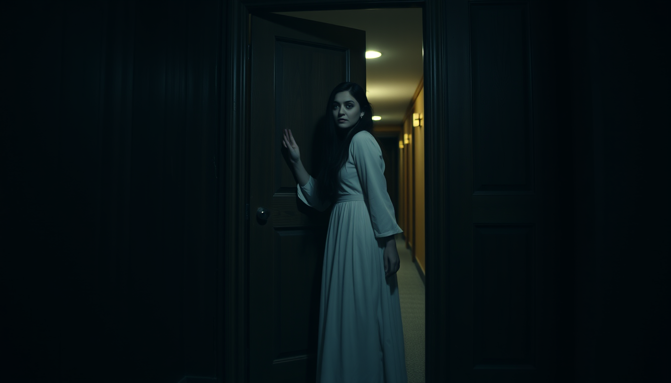 Main art studio: Ayesha, the same young adult woman with long black hair, wearing a modest, full-length white dress with long sleeves, fully covered from shoulders to 
