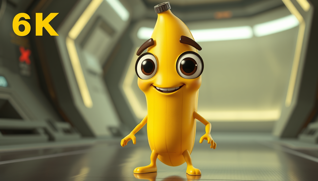 Main art studio: Premium 3D animated futuristic film, ultra-realistic cinematic banana character, full body, standing upright, expressive large glossy eyes, raised eye