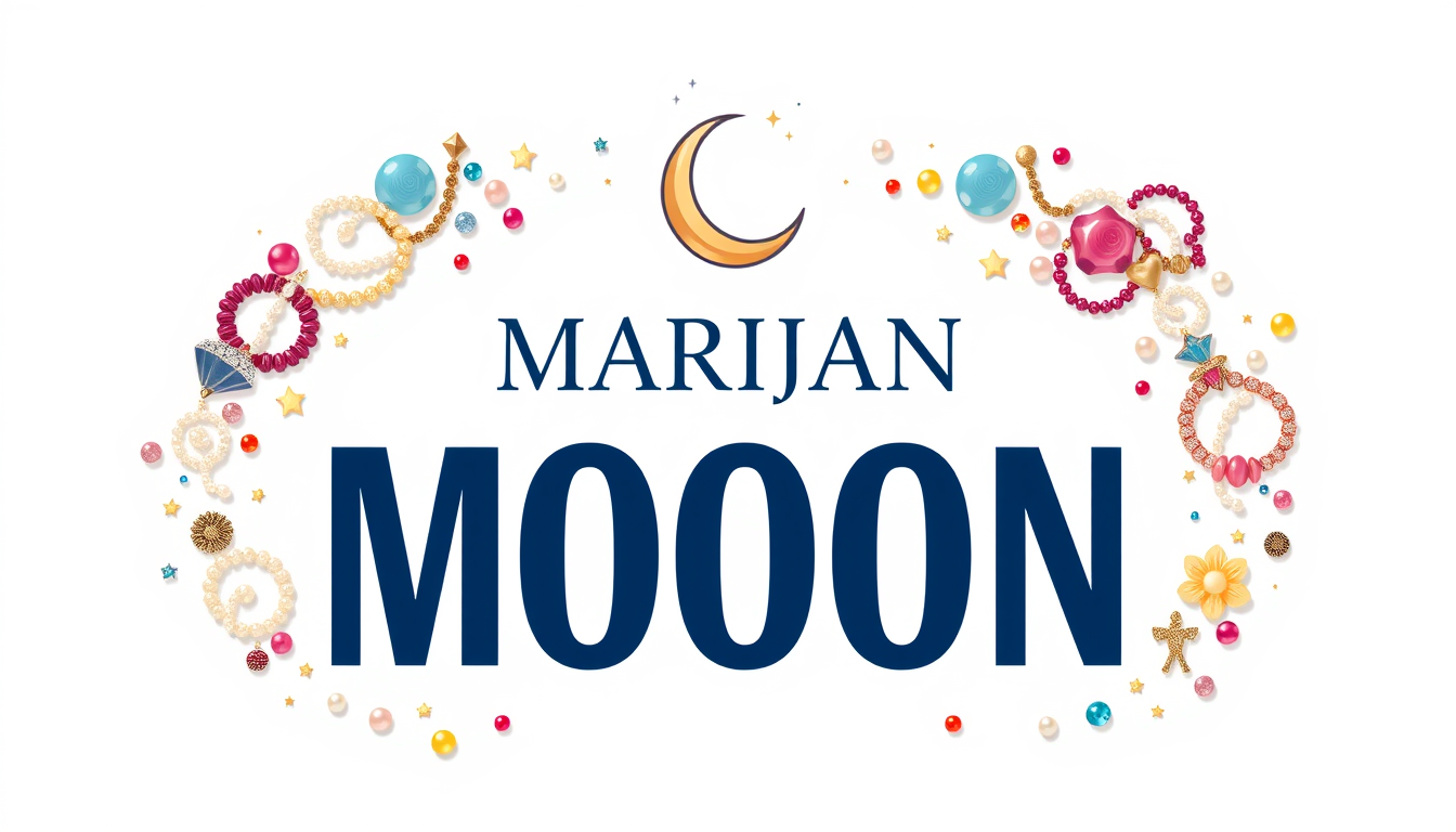 Main art studio: Cute luxury jewelry shop profile logo for “MARJAN MOON”. Ivory white background, large elegant dark navy text in the center. Very colorful and detaile