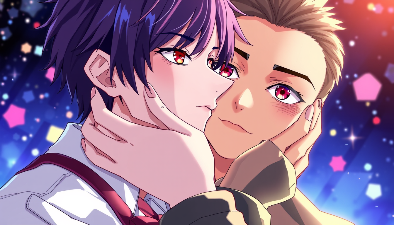 Anime idea created from the prompt: anime style, vibrant colors, expressive eyes, Eren Jeager kissing Levi Ackerman , detailed anime illustration