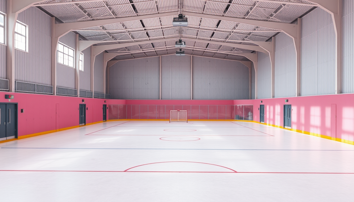 Main art studio: Eine Turhalle mit pinkem Boden. Die Wönde sollen so wie jede anderen Turnhallenwände aussehen. In der Turnhalle sollte es Unihockeysachen haben.