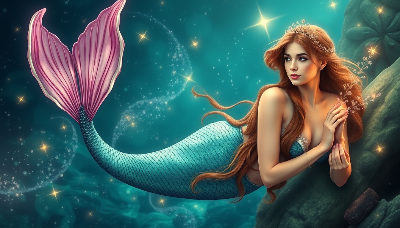 Main art studio: magical mermaid with brown hair and super realisical looking
