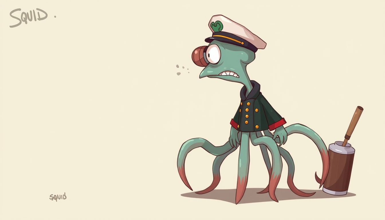 Characters idea: original character design, detailed outfit and accessories, expressive personality, Squid, hes a dad, hes fat, has 8 legs, has a captain hat, lives on