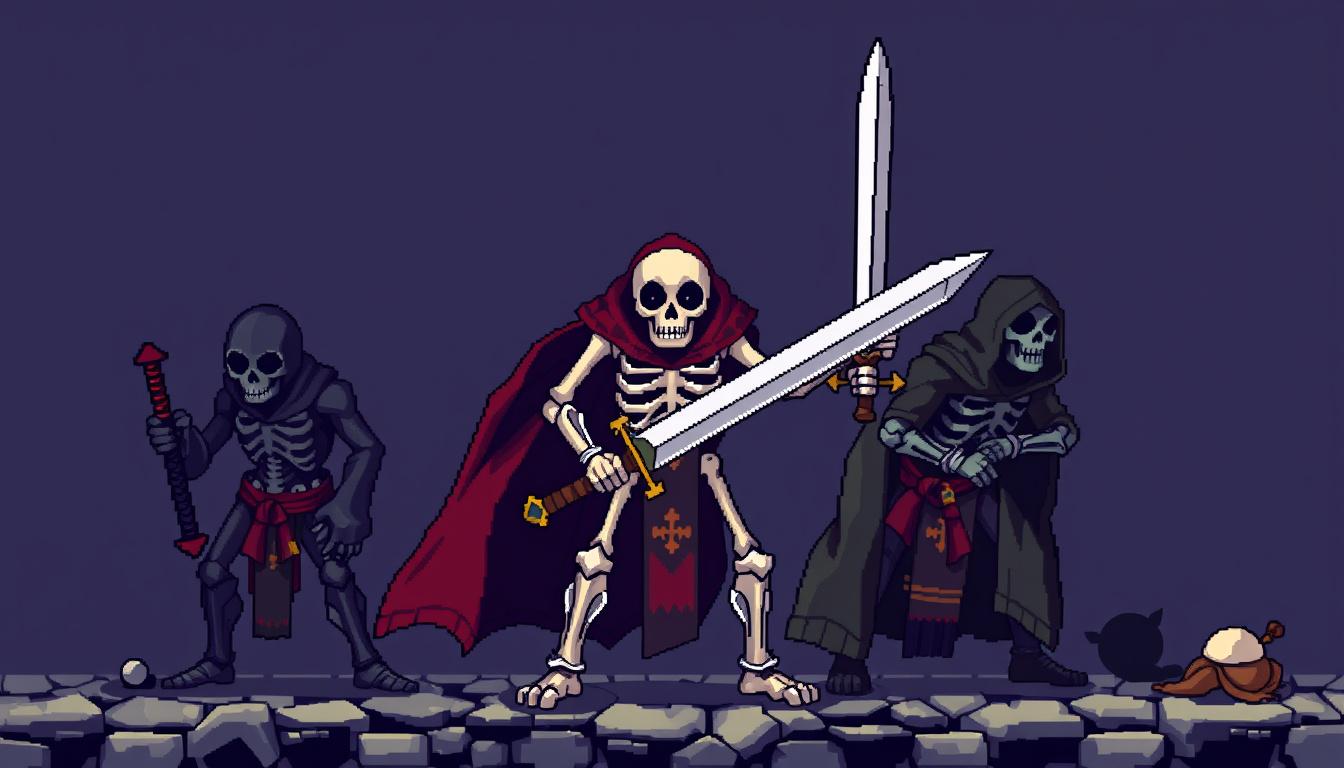 Sprite idea created from the prompt: pixel art game sprite, clean pixel grid, retro 16-bit palette, skelet with sword, retro dark fantasy, 3/4 look right, like old game heroes, 