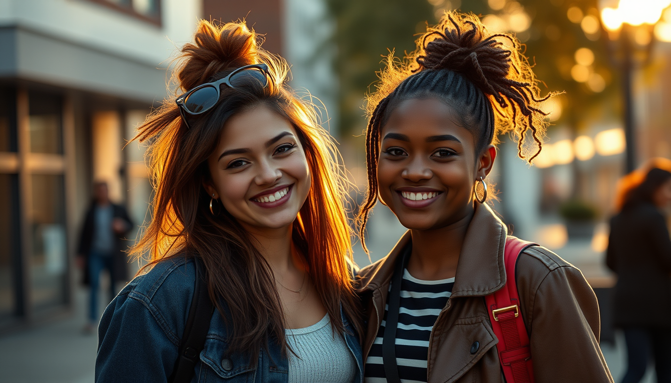Main art studio: Create a realistic cinematic photo of two best friends standing together, smiling naturally and posing like close friends. Keep both faces, hairstyles