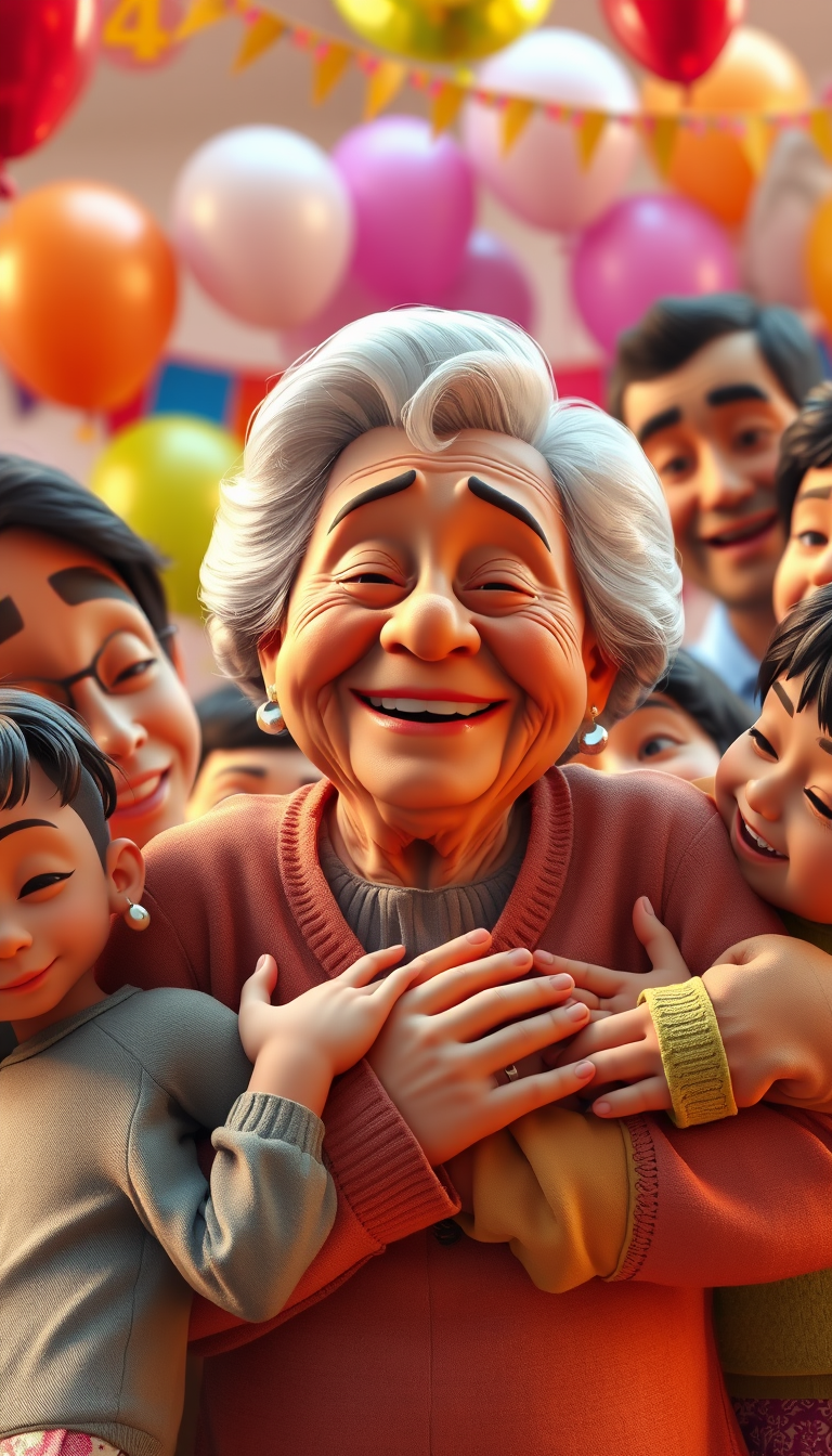 Main art studio: Grandma’s Happy TearsWritingAn elderly American grandmother smiling with tears of happiness as her entire family surrounds her, children and adults hu