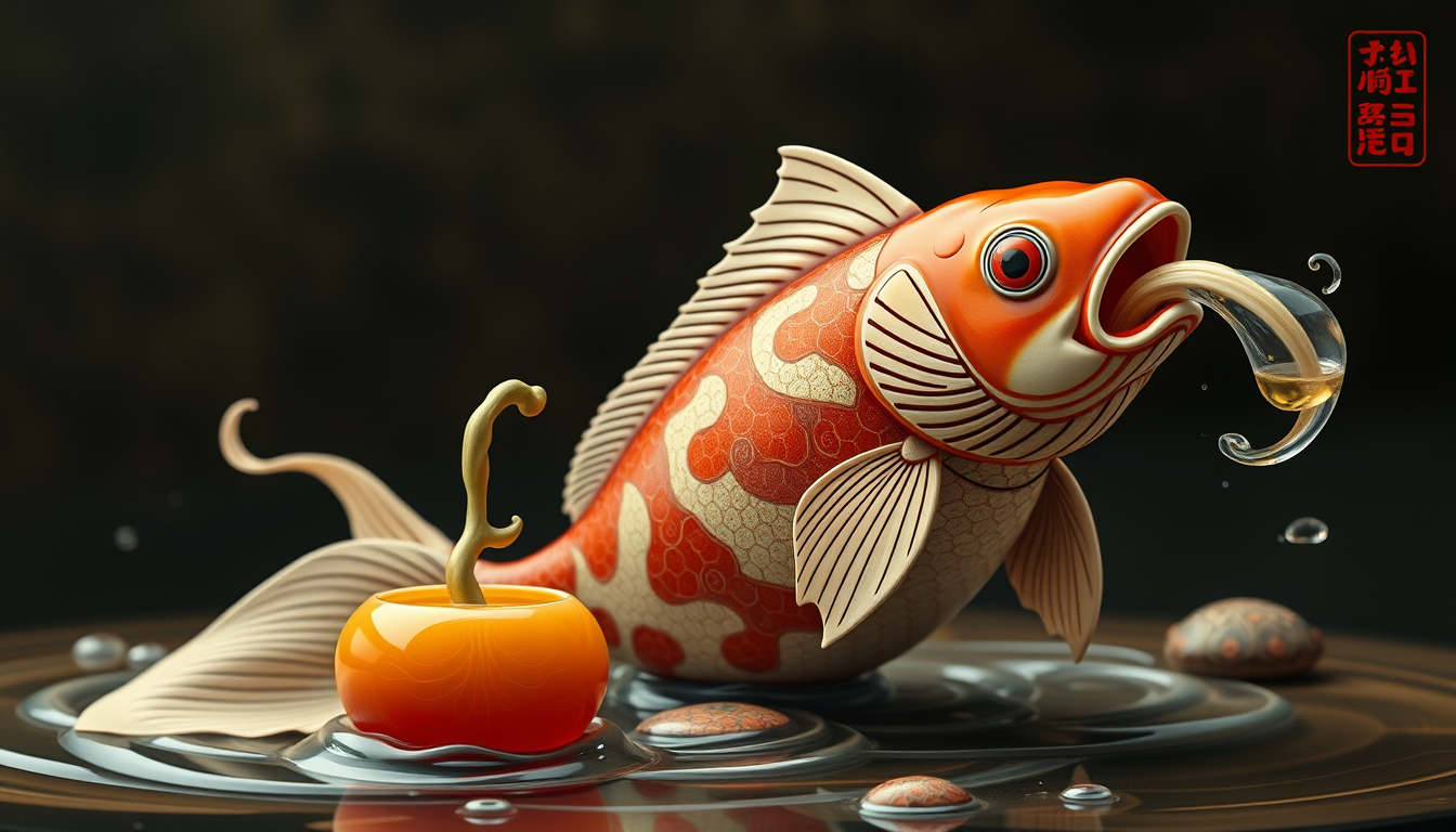 Main art studio: Sexy Koi drunyen kun fu master fish with drinking gourd sitting upright