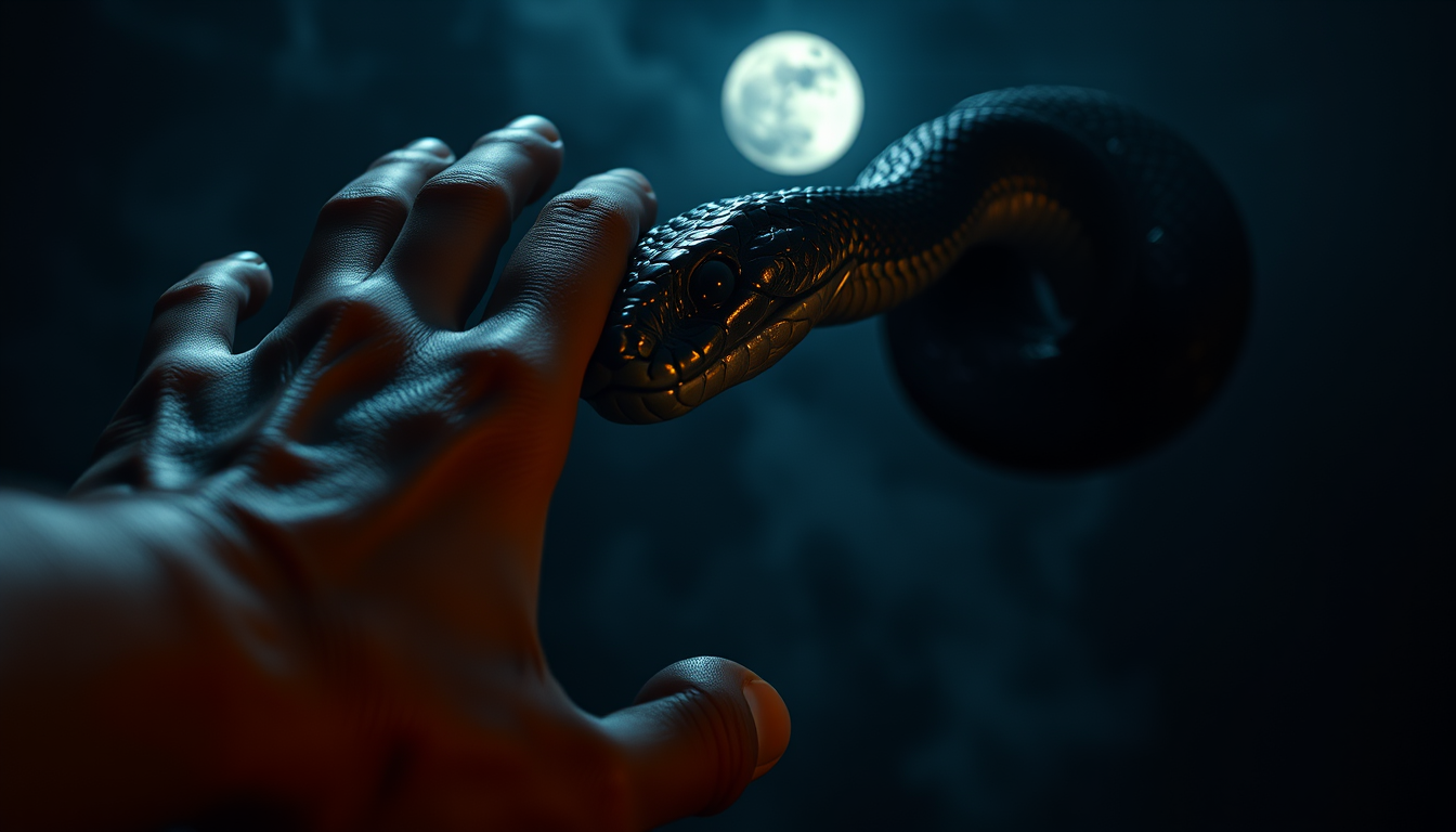 Main art studio: A realistic black snake suddenly striking toward a person's hand in a mysterious dream sequence, dramatic frozen moment just before contact, dark atmo