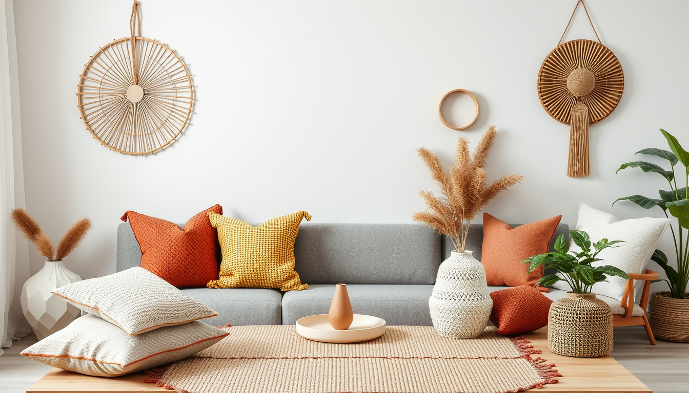 Main art studio: Minimal modern home decor setup featuring handmade crafts, beautiful cushions, table runners, wall decor, handcrafted accessories, natural colors, coz