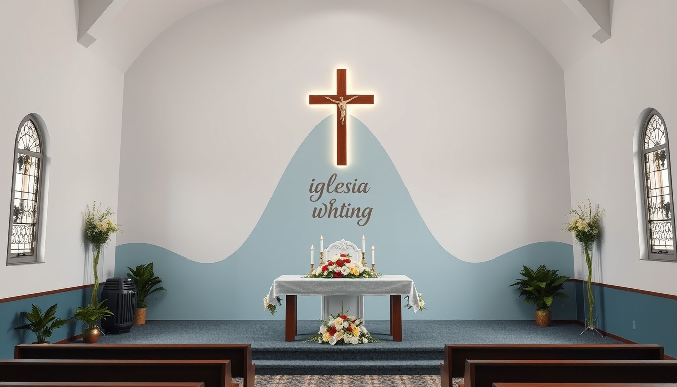 Main art studio: Haz un altar para iglesia evangélica de Asambleas de Dios, no cruz, pero incluye 2 gradas que cubra todo el espacio, en la esquinas qué sobresalga en