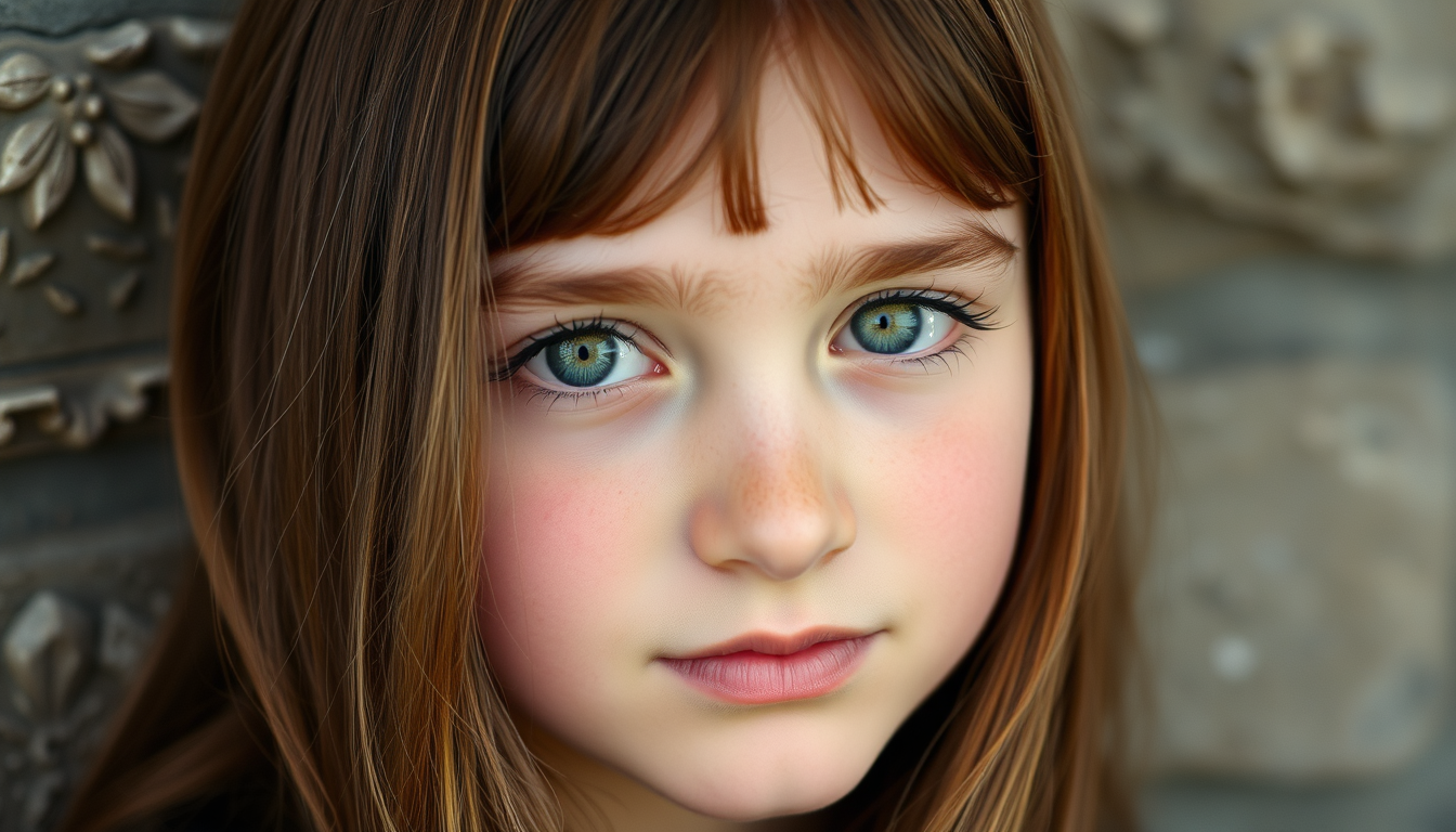 Main art studio: Ein Mädchen namens Andreea, 15 Jahre alt, mit grün-braunen Augen und mit langen, braunen haaren und hellem Haut Typ. Sie hat romänische wurzeln