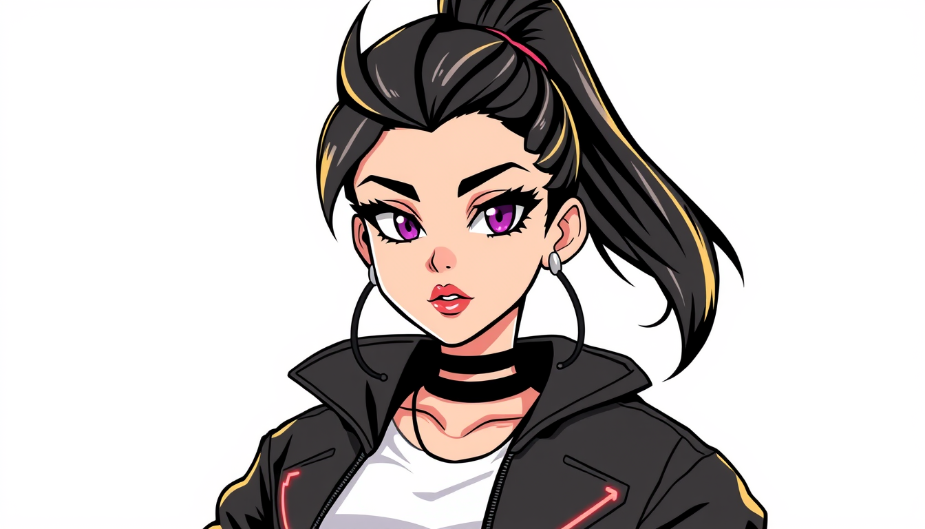 VTuber idea: vtuber avatar character, anime style, expressive face, streaming-ready design, A confident 2D anime baddie girl streamer with a sharp slicked-back hig