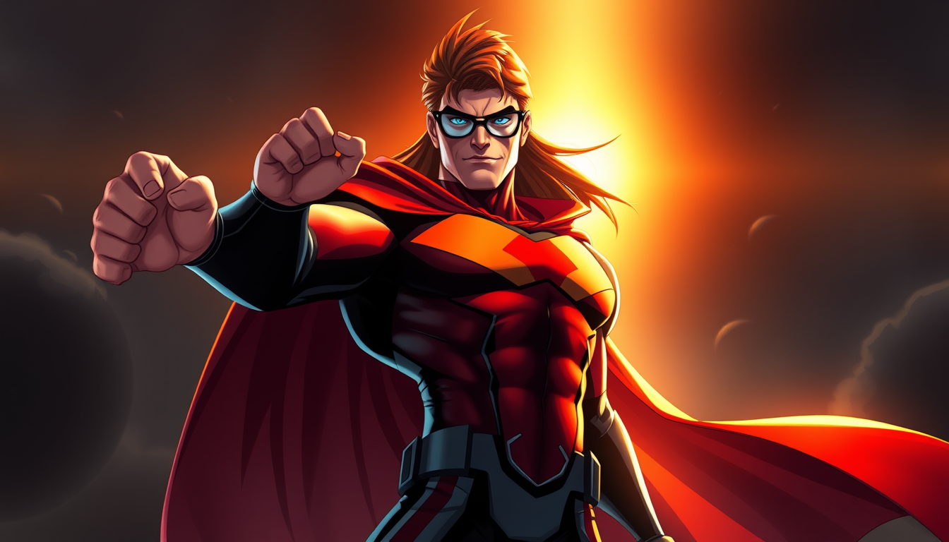 Superhero idea created from the prompt: original superhero character design, dynamic pose, bold costume, dramatic lighting, comic art energy, He is tall and muscular. He is wearing