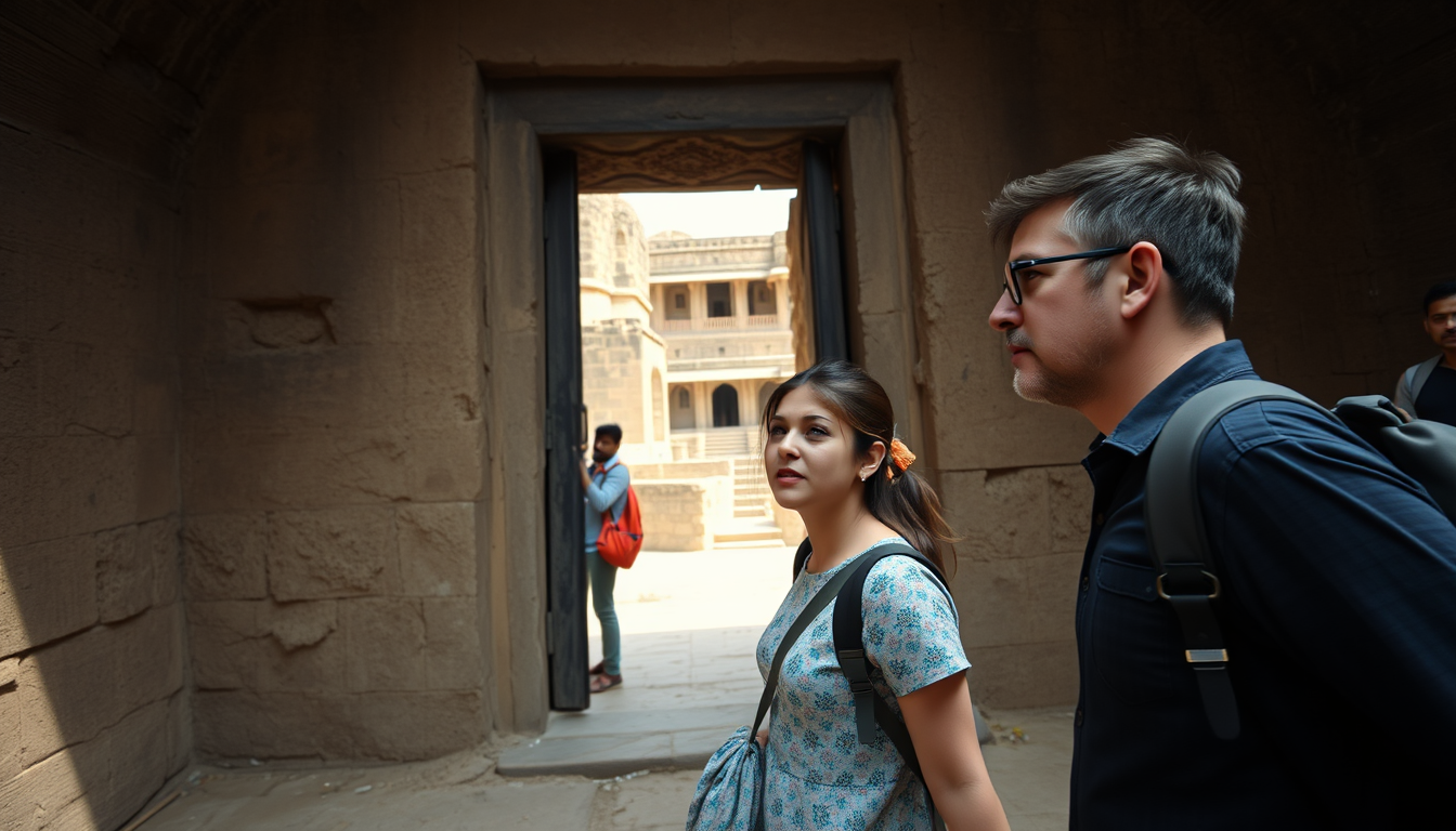 Main art studio: Two adult visitors exploring Bhangarh Fort during daylight, one pointing toward an old dark stone doorway while the other looks surprised, ancient rui