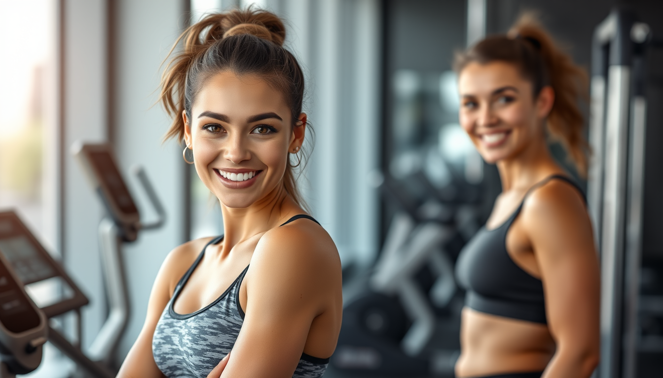 AI Art prompt example created from the prompt: Athletic young woman in a modern gym, fit and toned physique, warm and friendly smile, kind expressive eyes, wearing stylish sportswear, sta