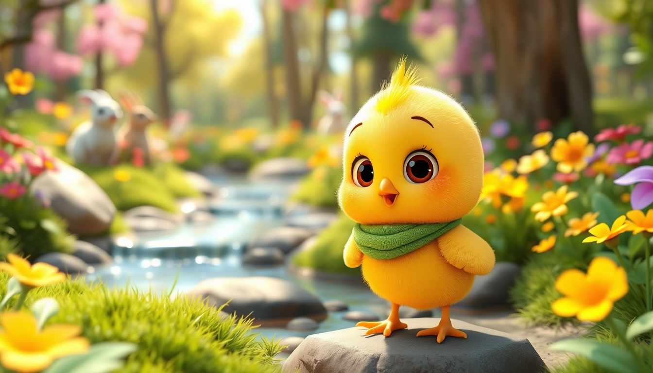 Main art studio: Cute yellow baby chick with green scarf standing in a colorful forest, suddenly hearing Bunny, eyes wide with surprise, looking toward the stream. Bri