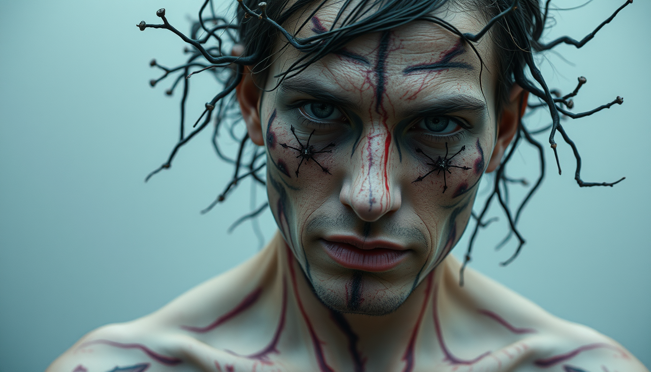 Main art studio: méchant avec une ceinture de fioles et des cicatrices sur le visage le corps en entier
