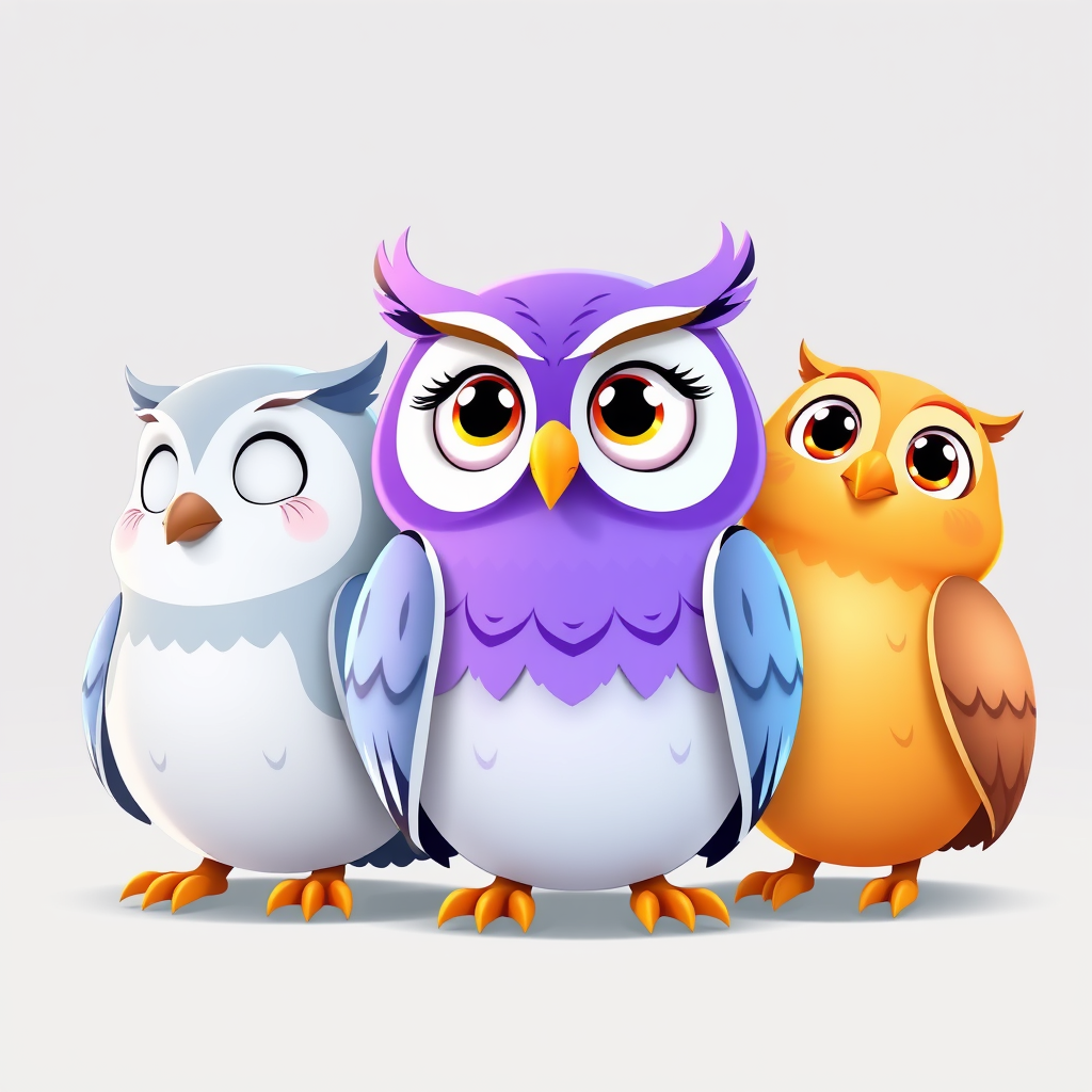 Main art studio: Modern university study app mascot, exactly three charming cartoon owls side by side. Left: blue-gray, shy and gentle, looking up-left bashfully. Midd