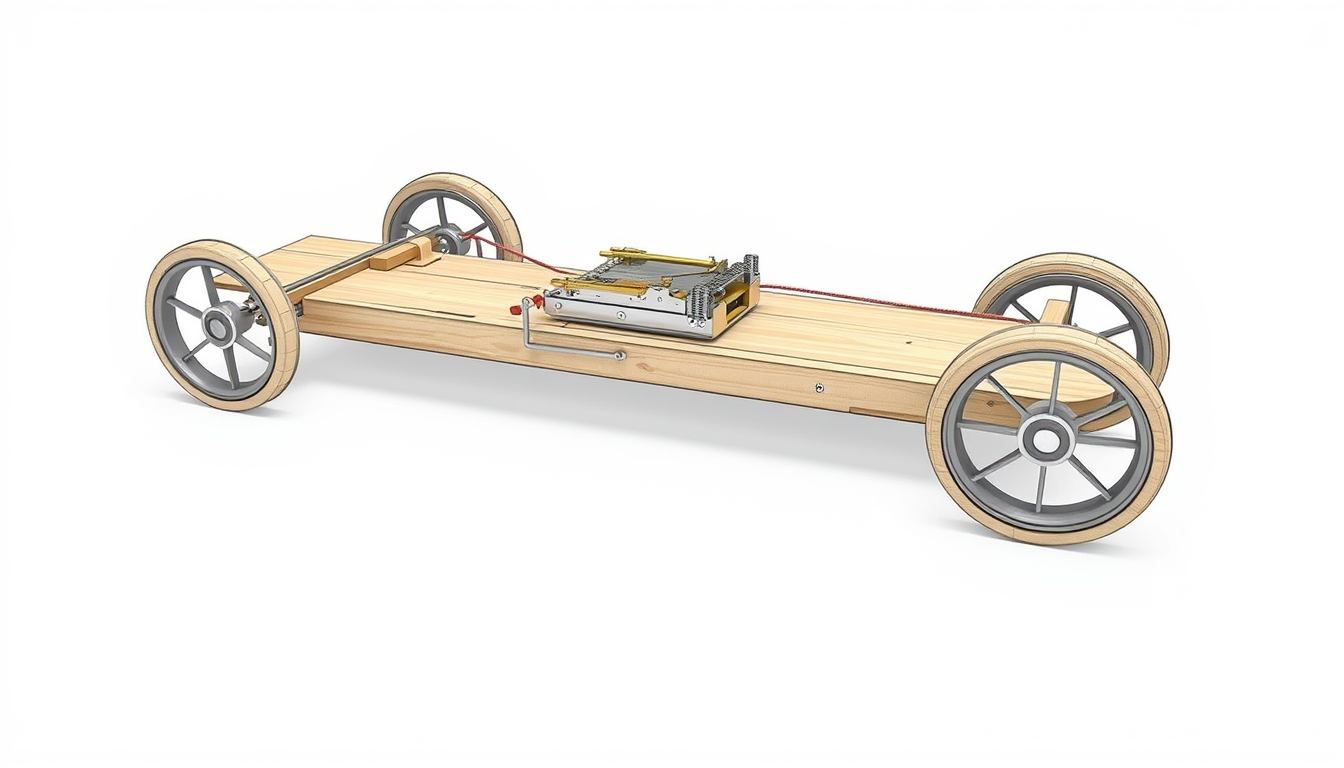 Main art studio: Professional 3D perspective sketch of a long-distance mousetrap car. Long, lightweight wooden chassis, 75 cm long and 8 cm wide, four 12 cm CD wheels,