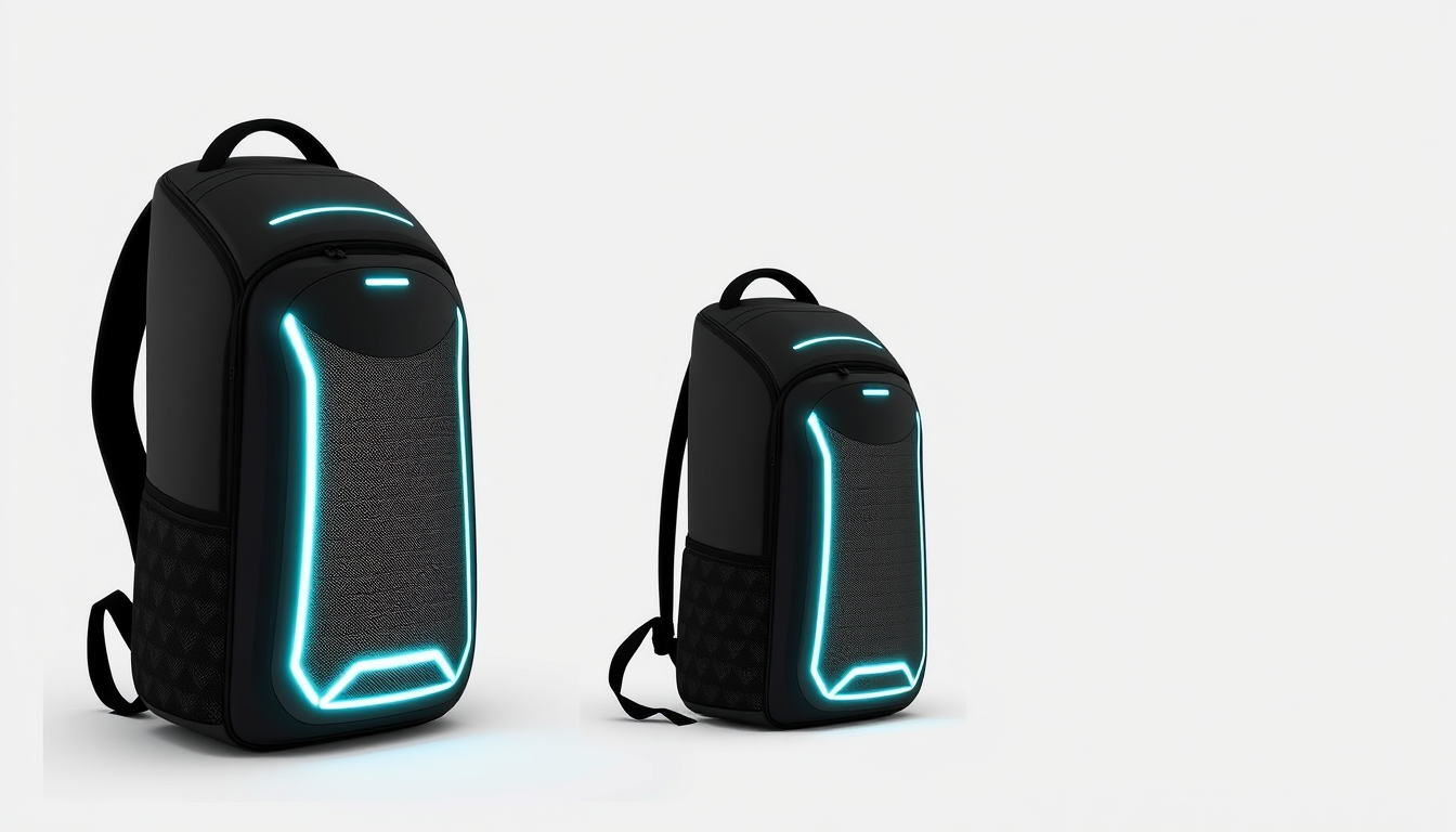 Main art studio: Hi, erstelle mir ein Bild von einem Smart Rucksack, welcher LED Licht, Sprachsteuerung, Ortung und modern ist, damit ich dieses in meine PowerPoint Pr