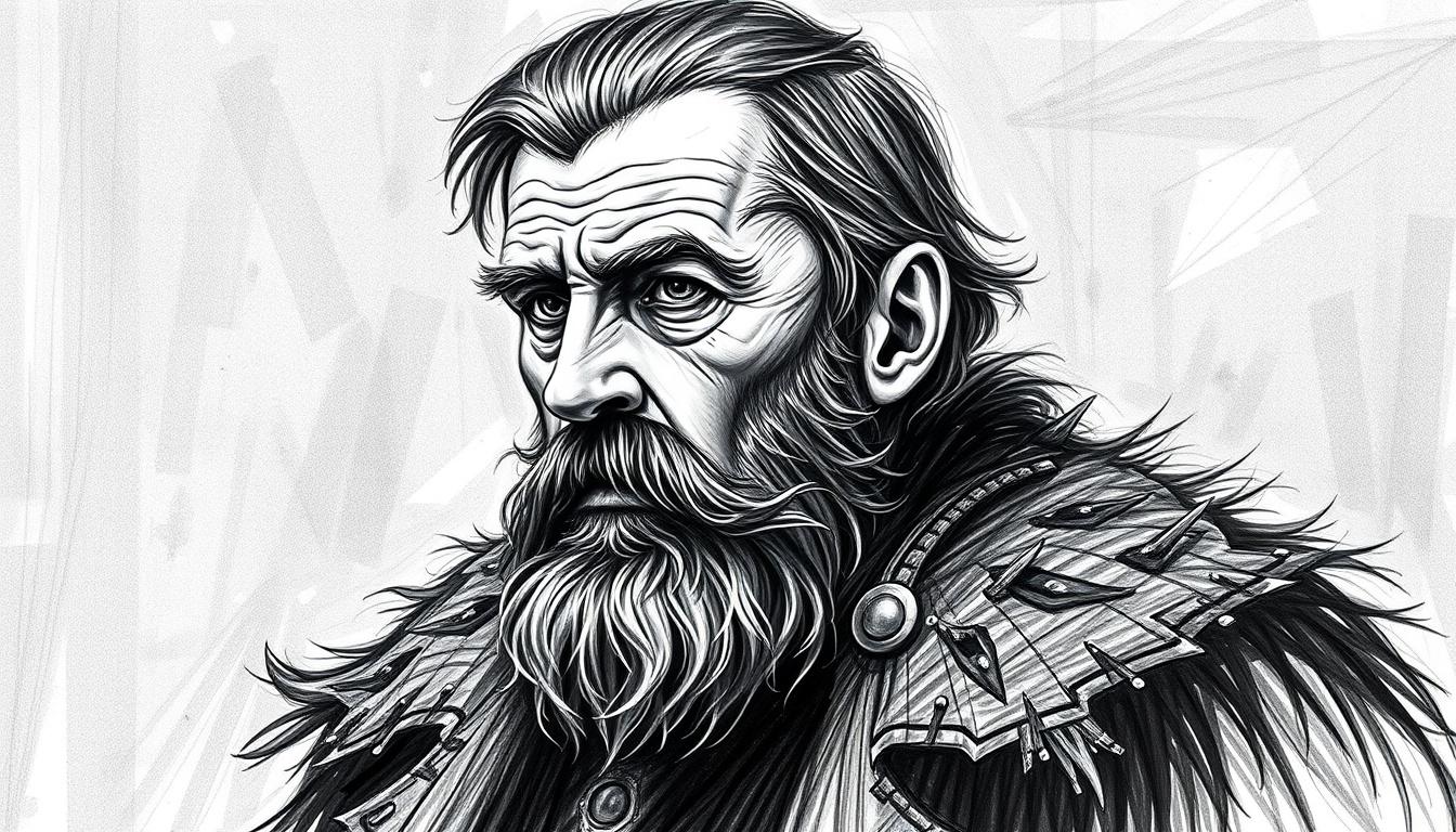 Main art studio: I need you to generate an image of Danko from Maxim Gorky artwork the Old Izergil in black and white A4 format. Add some colored elements that can be 