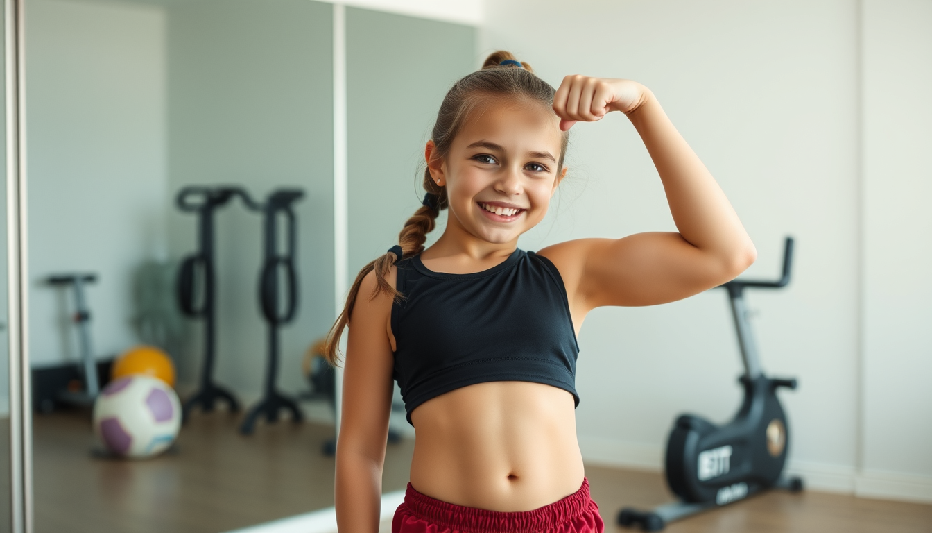 Main art studio: fille de 11 ans dans une salle de sport familiale, habillée normalement pour faire du sport, debout devant un miroir après un petit entraînement. Elle