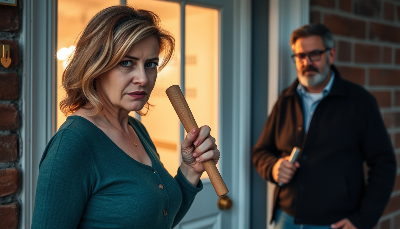 Main art studio: Very angry wife holding rolling pin waiting at front door for late husband