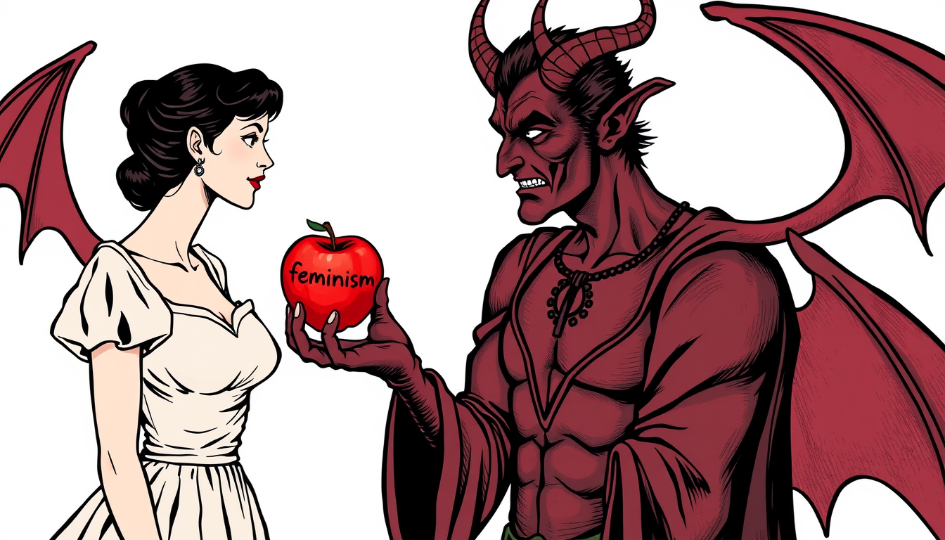 Main art studio: The devil with appealing to women characteristic, showing his dark side. He is passing an apple to her that has feminism written on it. She looks intr
