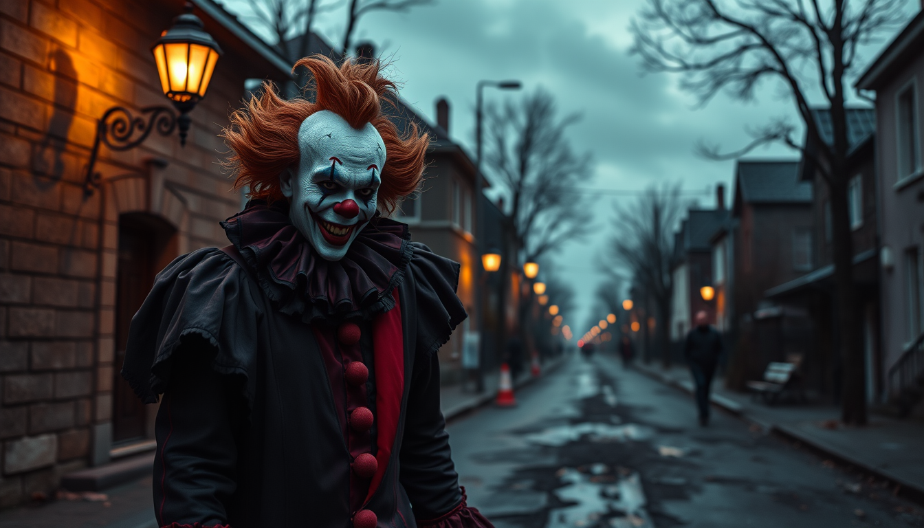 Main art studio: Killerclown am ende einer dunklen straße viel tote menschen auf der straße und manche an bäumen