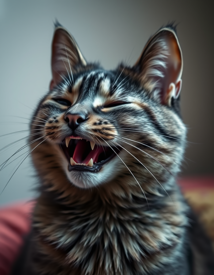 Main art studio: Laughing cat, no ai look, no photorealistic, details and black and grey fur