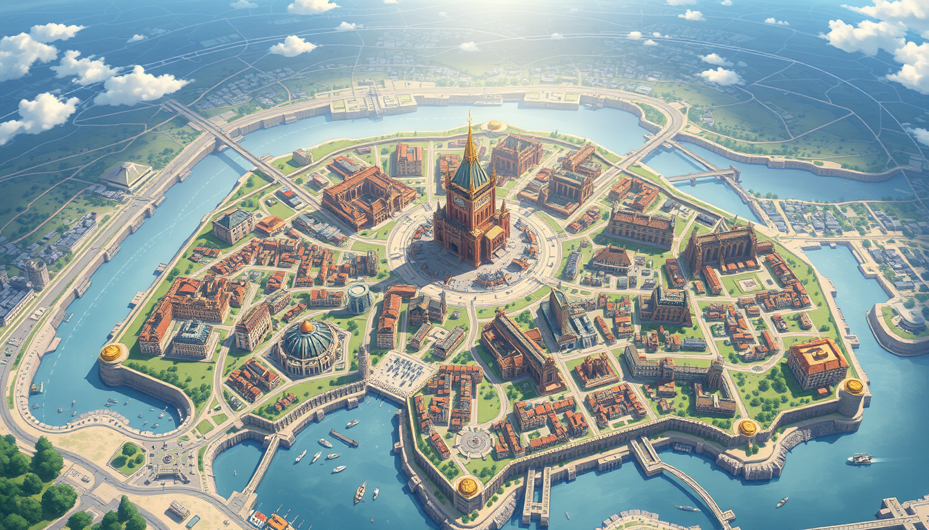 City Maps idea: a fictional city map organized by terrain, districts, roads, waterways, walls, landmarks, and readable urban hierarchy, deliberate composition, vtuber