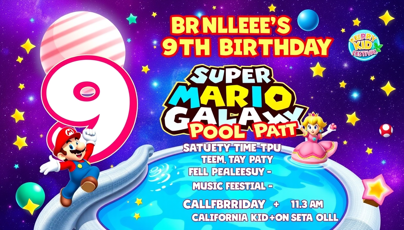 Main art studio: Create a colorful Super Mario Galaxy birthday invitation for Brynlee’s 9th birthday. Bright blue/purple galaxy, stars, planets, sparkles, and fun pool