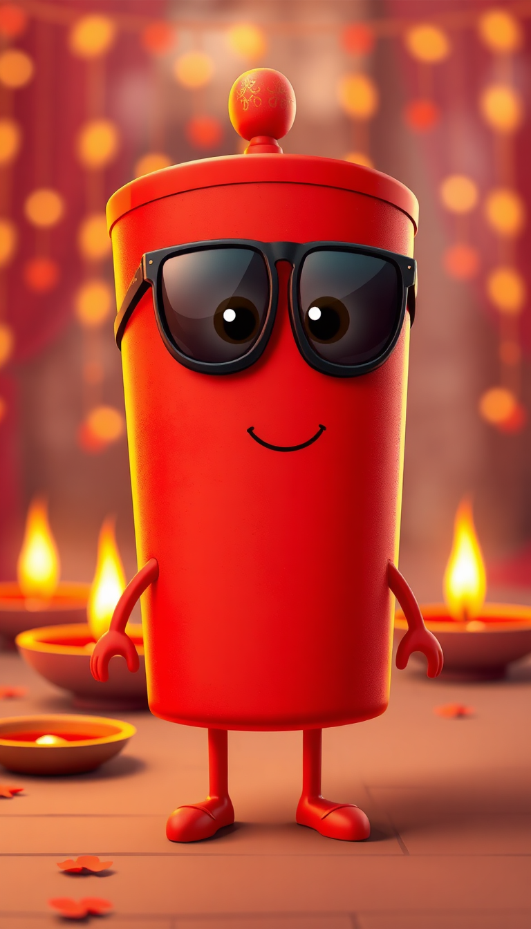 AI Art prompt example created from the prompt: "Cute red cartoon firecracker character with big expressive eyes, black sunglasses, tiny arms and legs, same body design maintained, Diwali