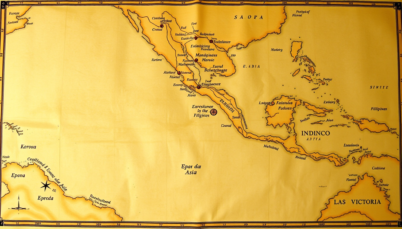 Main art studio: Un mapa general permite observar el recorrido completo de la expedición entre 1519 y 1522. La ruta pasó por Europa, el océano Atlántico, Sudamérica, e