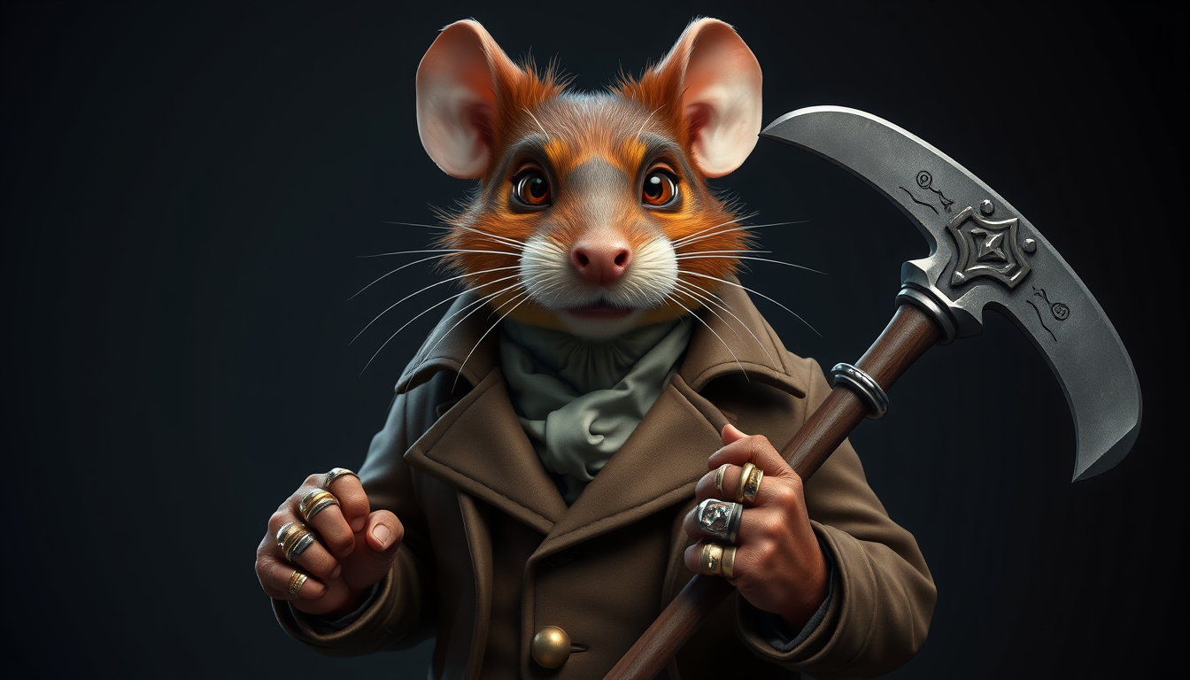 AI Art prompt example created from the prompt: A charismatic anthropomorphic brown rat, a rogue and squadron captain. He wears an elegant but slightly worn trench coat, several flashy mis