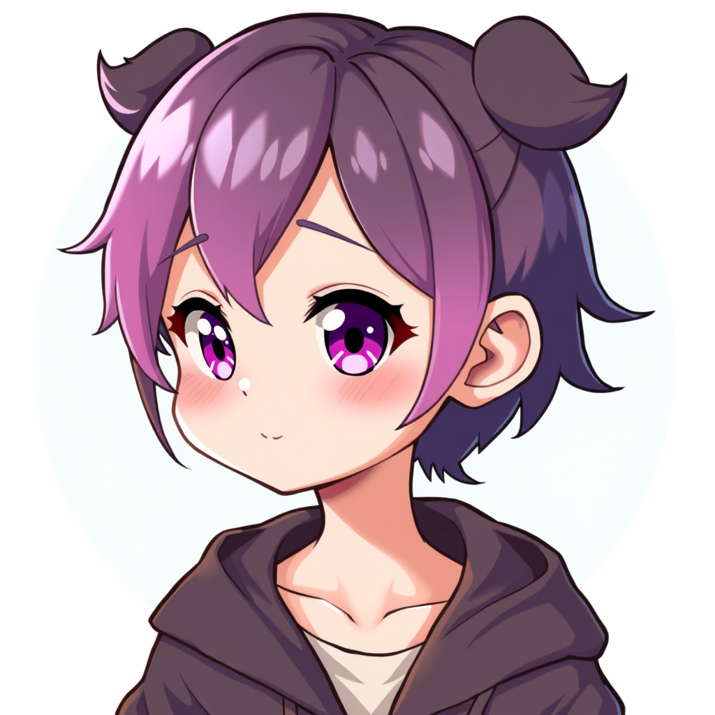 Anime idea: anime style, vibrant colors, expressive eyes, very large head, tiny neck, rounded face, soft shading, glossy eyes, fluffy hair, cute VTuber-style char