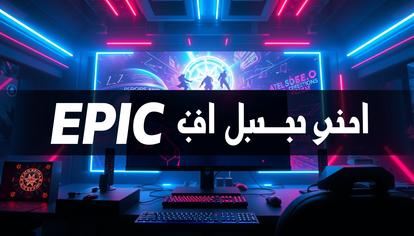 Main art studio: Epic gaming banner, futuristic neon gaming setup, huge glowing monitor, action game scene, RGB lights, cinematic blue and red lighting, bold Persian t