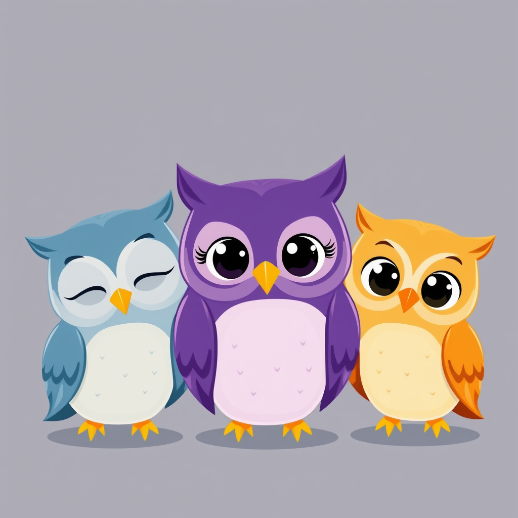 Main art studio: Modern university study app mascot, exactly three adorable cartoon owls side by side. All three have heads slightly turned toward the center. Left: bl