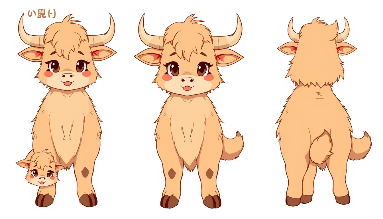 Fursona idea created from the prompt: fursona character, anthropomorphic animal design, expressive personality, reference sheet style, Mini Highland cow, anthropomorph, light bro