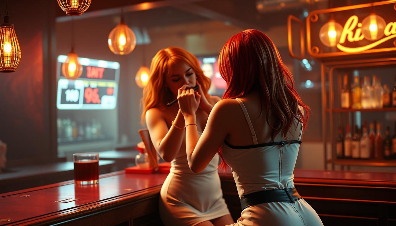 Main art studio: a cgi women at the bar with redhaired and white dressed fight short scene