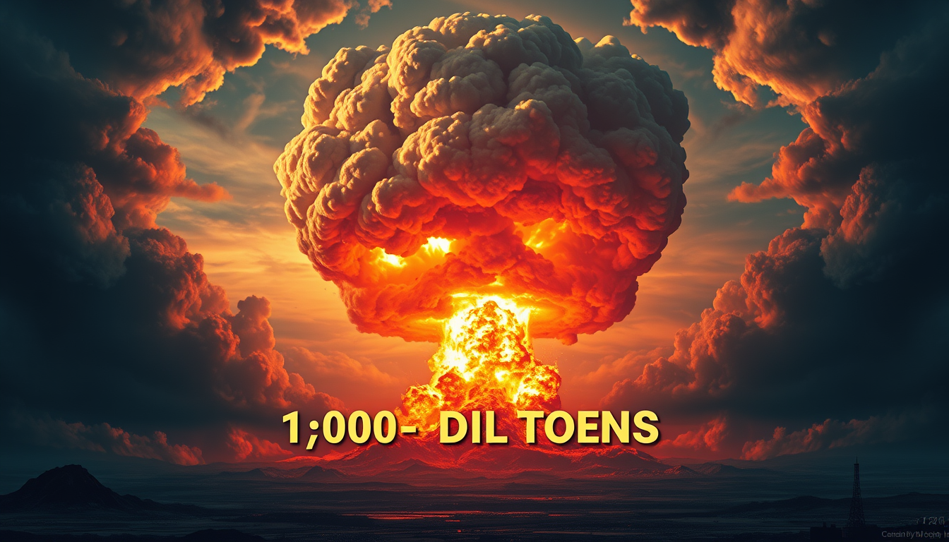 Wallpapers idea: wallpaper artwork, wide atmospheric scene or bold pattern, high detail, huge atomic explosion with huge mushroom cloud text of 1000 kilo-tonnes of dip