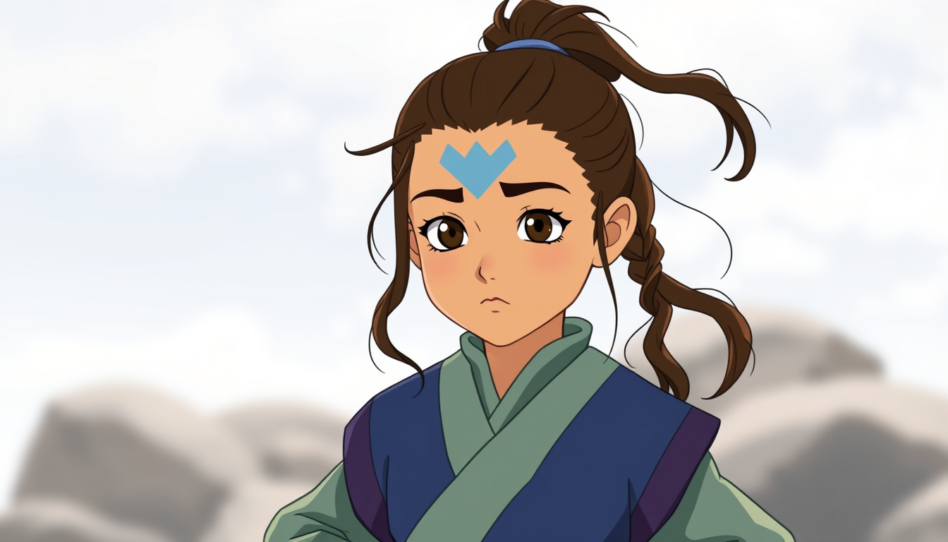 Main art studio: Can you generate an image of a 10-year-old girl from *Avatar: The Last Airbender* wearing a Southern Water Tribe outfit, with messy curls tied up in a