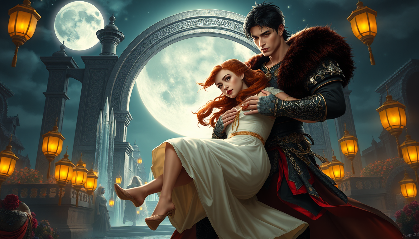 Main art studio: A tall warrior prince from a fire kingdom carries a princess through a grand silver moon gate.The prince has dark hair, amber eyes, and a black-and-cr