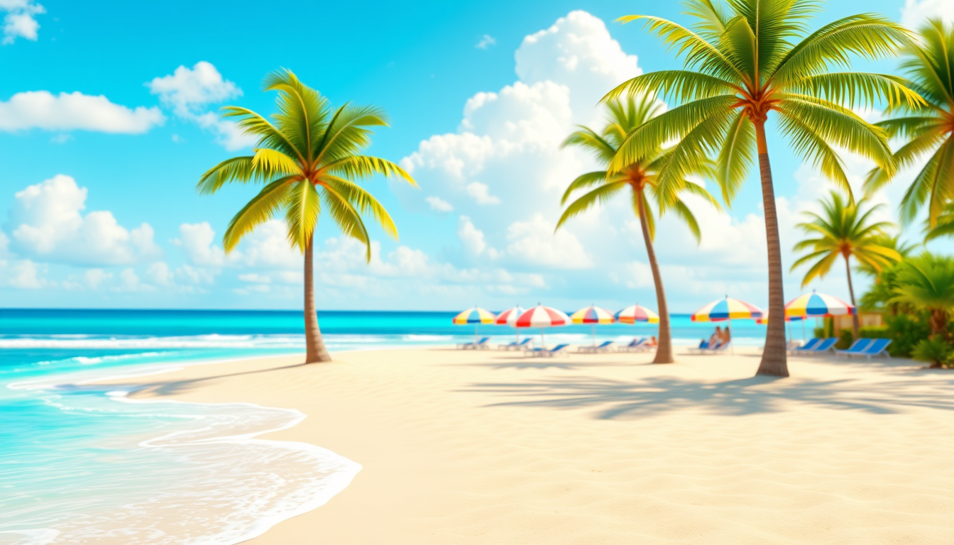 AI Art prompt example created from the prompt: A bright tropical beach designed as a fun children's photo-game background, turquoise ocean, soft golden sand, palm trees, colorful beach um