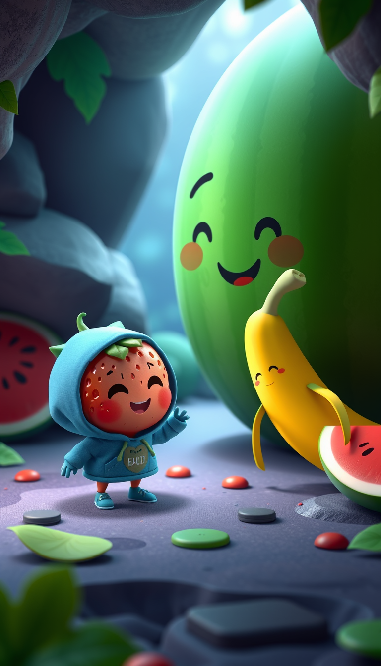 Main art studio: Cute 3D cartoon strawberry in a blue hoodie discovers that the giant watermelon is actually friendly. The banana smiles with relief. Magical fruit cav
