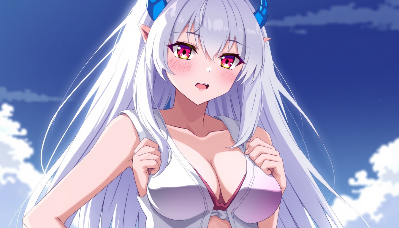 Main art studio: a anime women in her mid 20's with long white hair and some blue horns looking things behind her ears. she has red magenta eyes a lil blush on her che